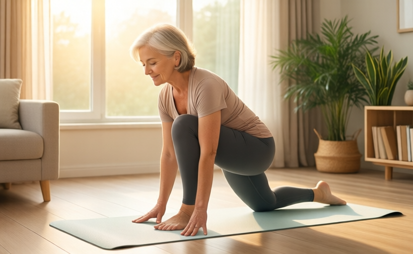 Aktív személy ízületi gyakorlatokat végez természetes környezetben